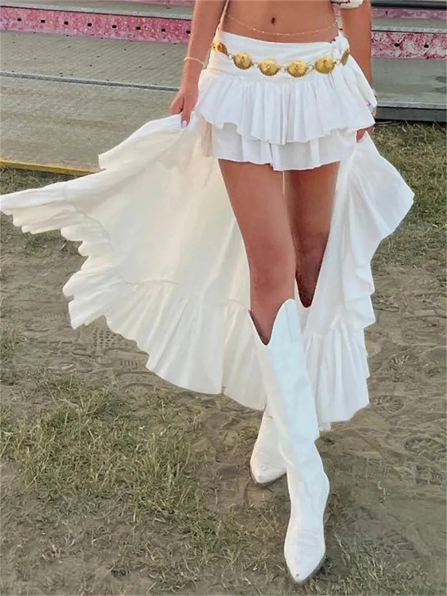 Trendy White Asymmetrical Ruffle Hem Mini Skirt