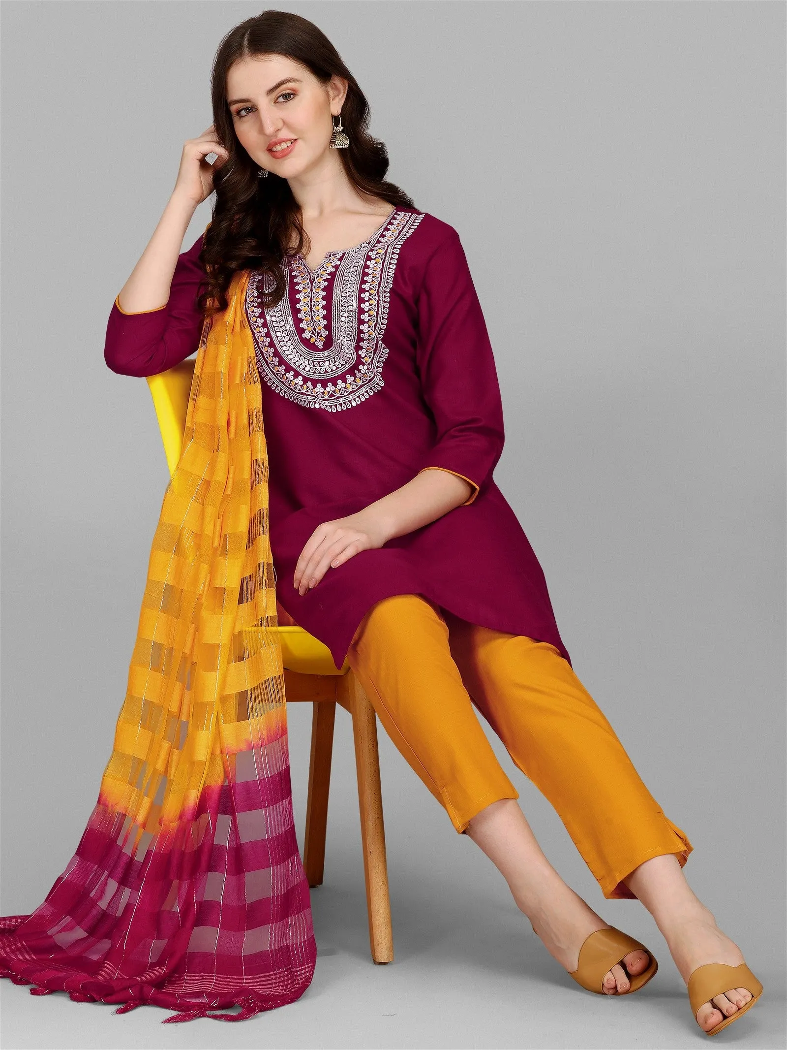 Wine Colour Slub Cotton Embroidery Kurta Pant Dupatta Set For Women's