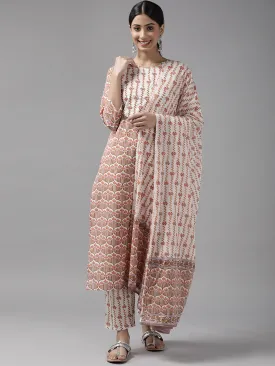 Women Beige And White Printed Cotton Straight Kurta Trousers & Dupatta Set