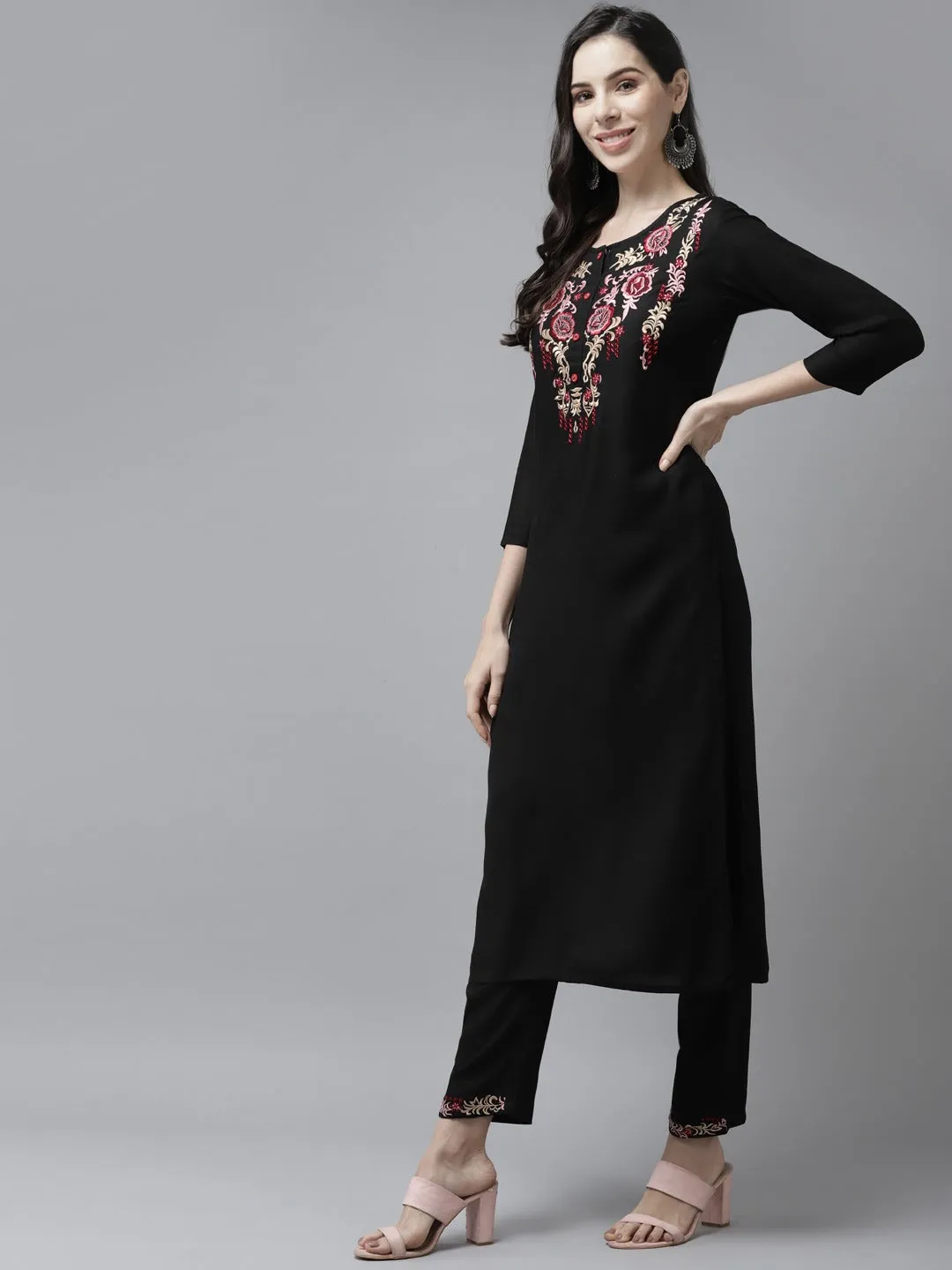 Women Black Rayon Kurta Set With Dupatta