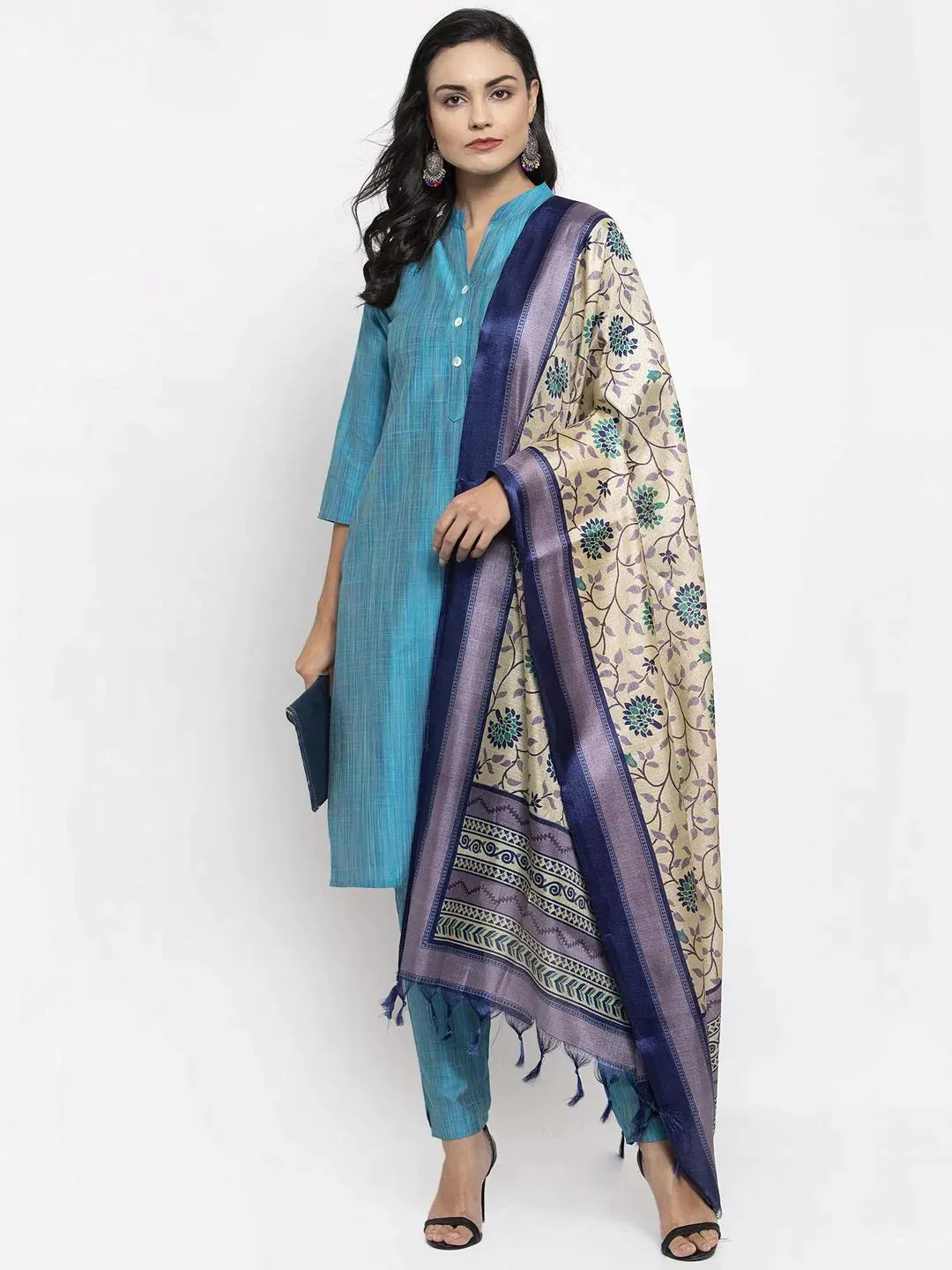 Women Blue & Green Self-Striped Kurta With Trousers & Printed Dupatta