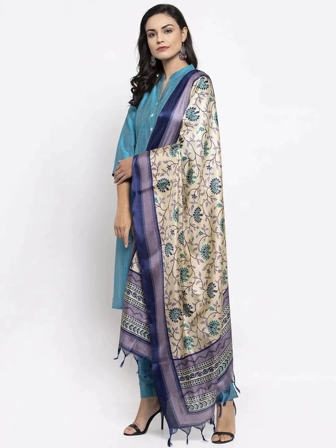 Women Blue & Green Self-Striped Kurta With Trousers & Printed Dupatta