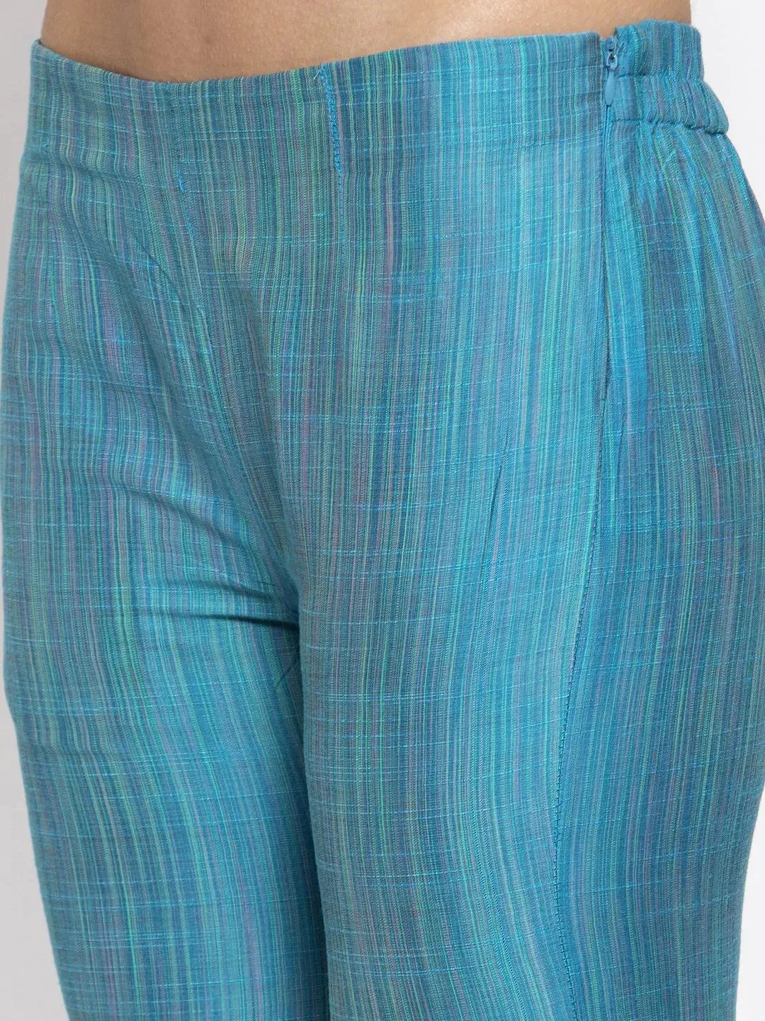 Women Blue & Green Self-Striped Kurta With Trousers