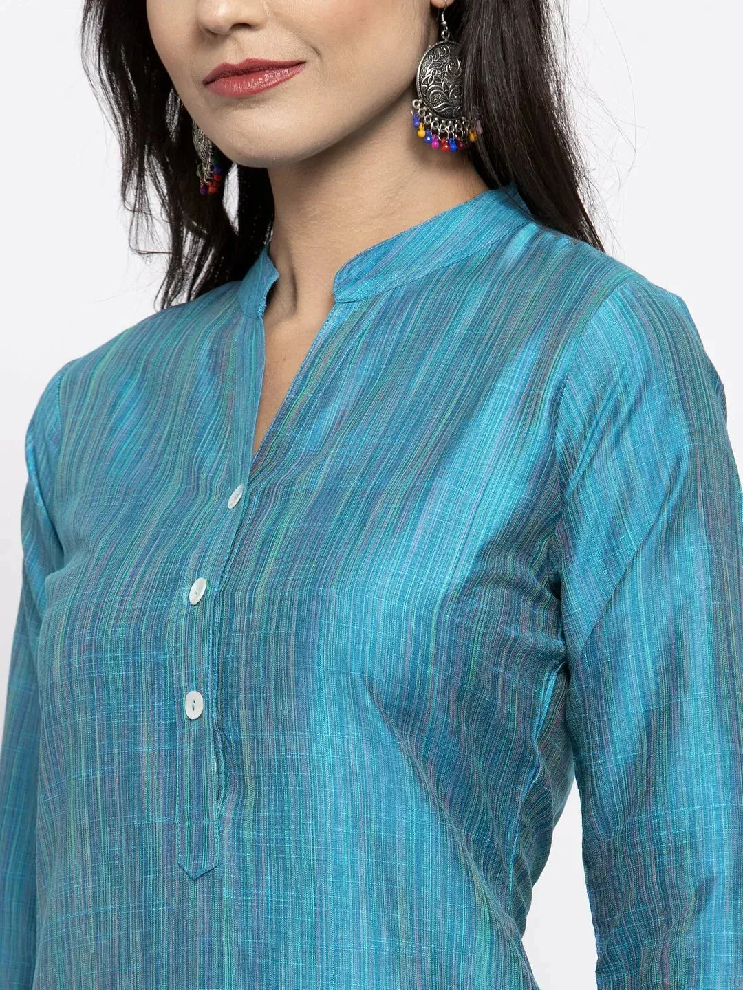 Women Blue & Green Self-Striped Kurta With Trousers