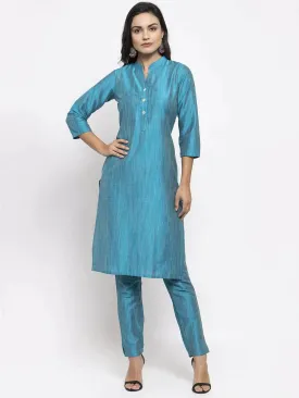 Women Blue & Green Self-Striped Kurta With Trousers