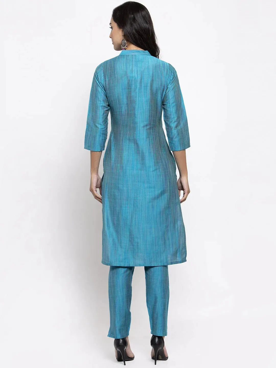 Women Blue & Green Self-Striped Kurta With Trousers