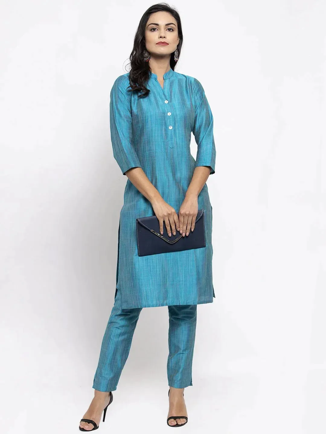 Women Blue & Green Self-Striped Kurta With Trousers