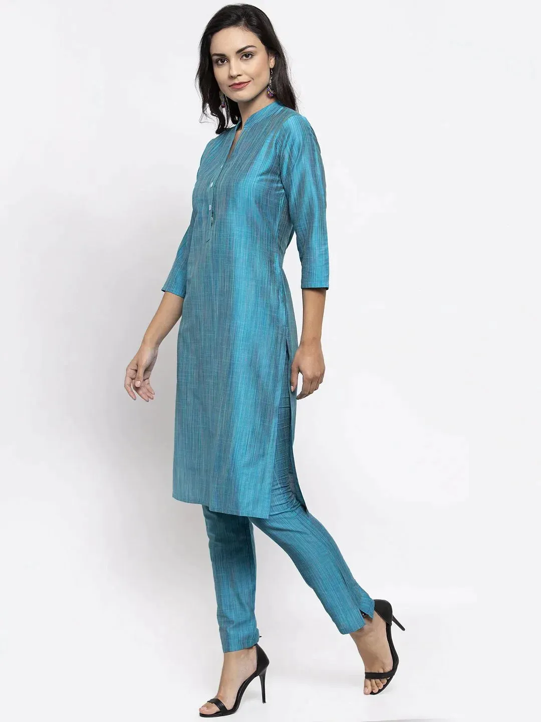 Women Blue & Green Self-Striped Kurta With Trousers