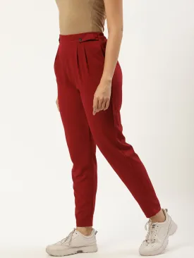 Women Maroon Regular Texture Crepe Straigth Trouser Pant