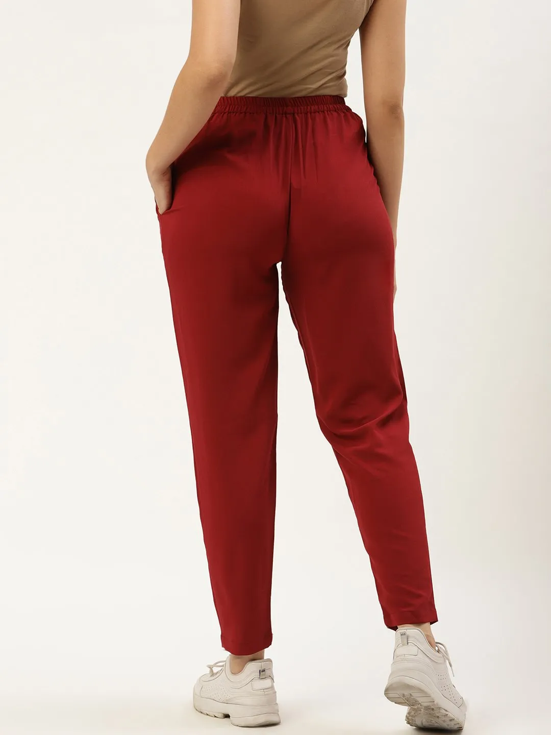 Women Maroon Regular Texture Crepe Straigth Trouser Pant