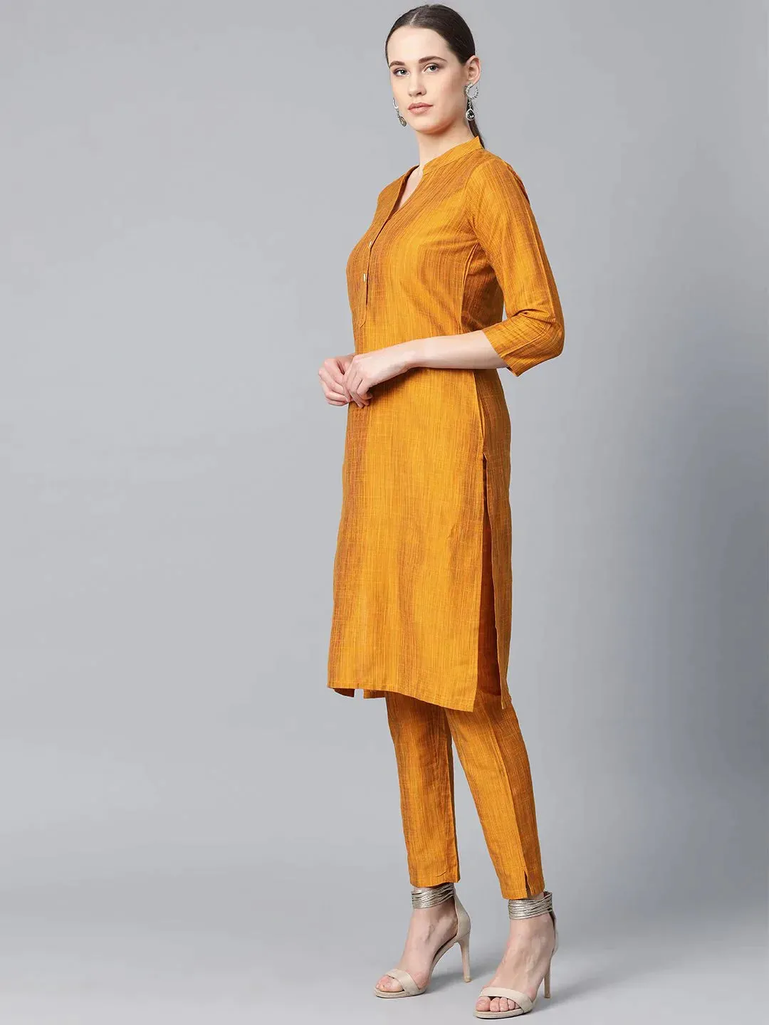 Women Mustard & Red Self-Striped Kurta With Trousers & Dupatta