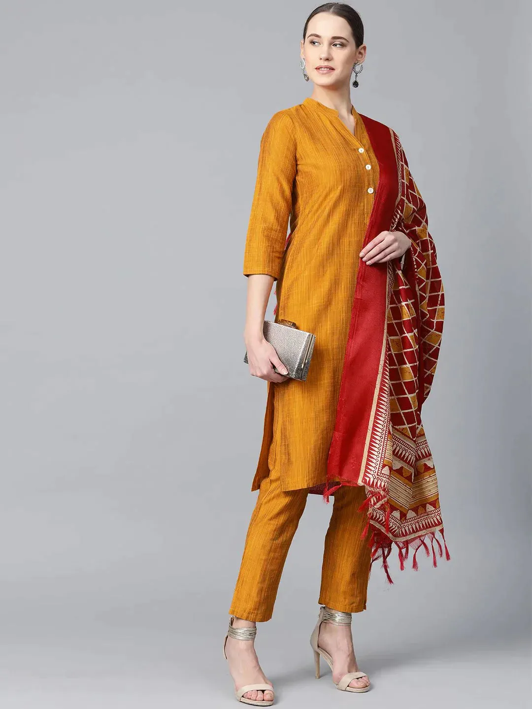 Women Mustard & Red Self-Striped Kurta With Trousers & Dupatta