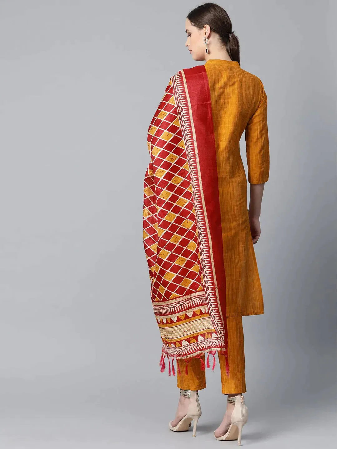 Women Mustard & Red Self-Striped Kurta With Trousers & Dupatta