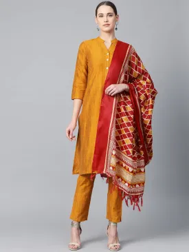 Women Mustard & Red Self-Striped Kurta With Trousers & Dupatta