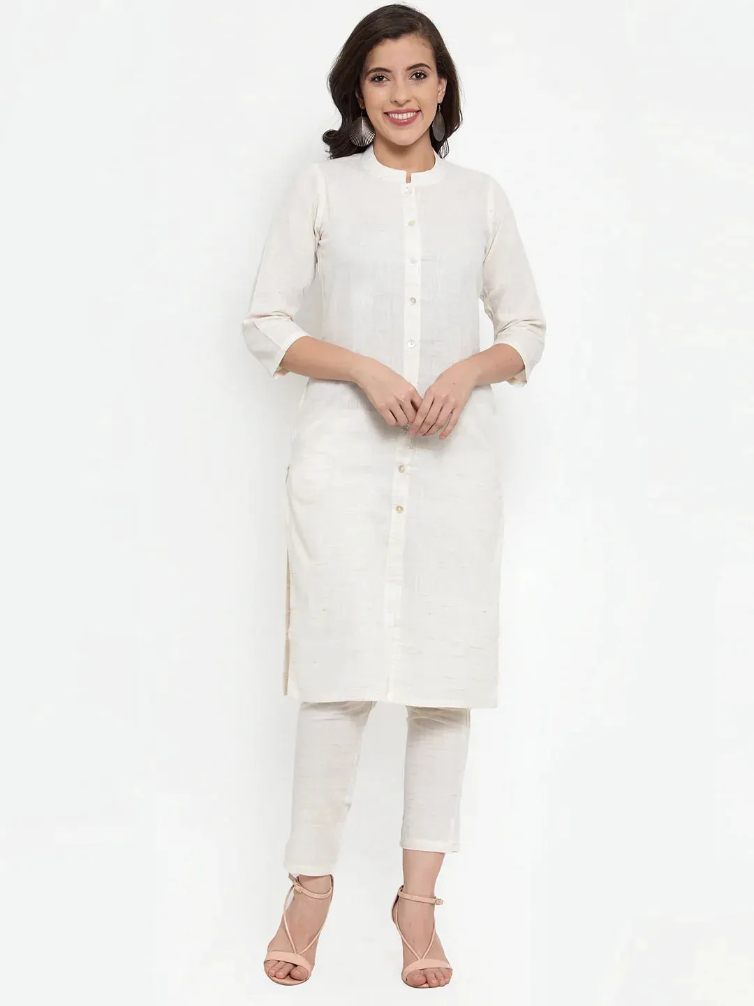 Women Off-White Solid Kurta With Trousers & Dupatta