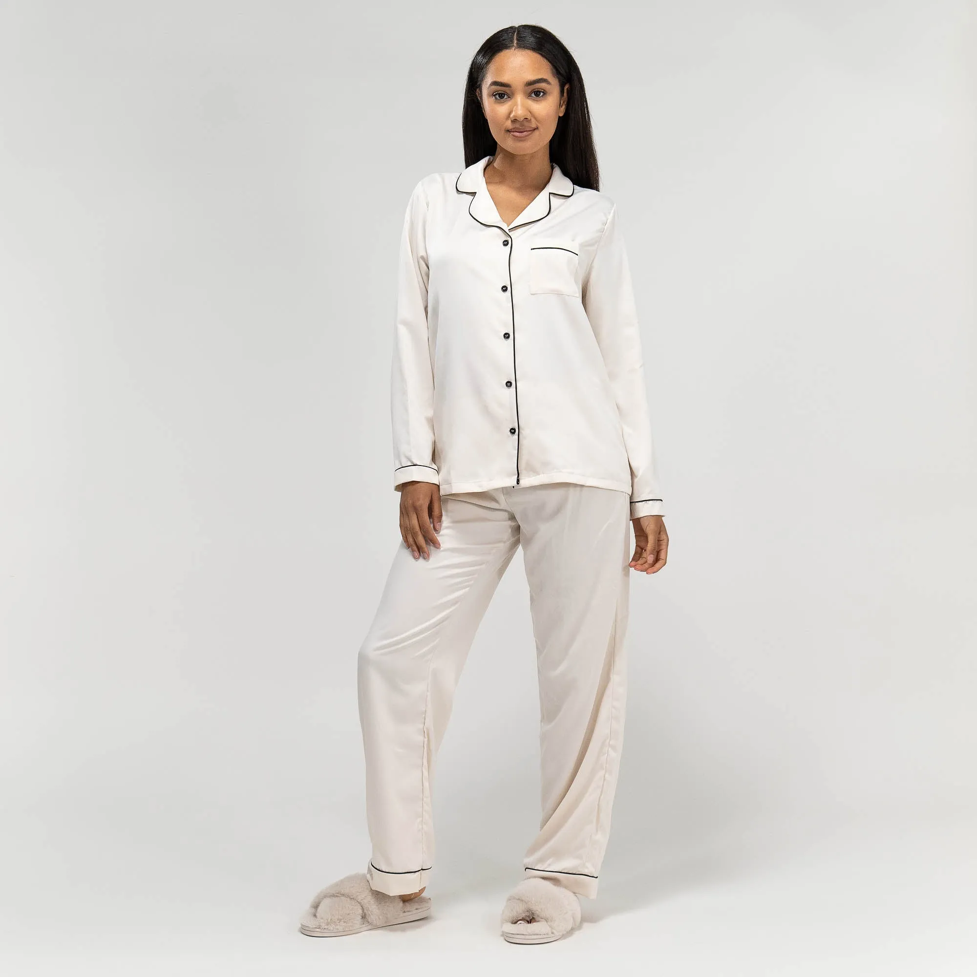 Women's Cream Satin Trouser Pyjamas