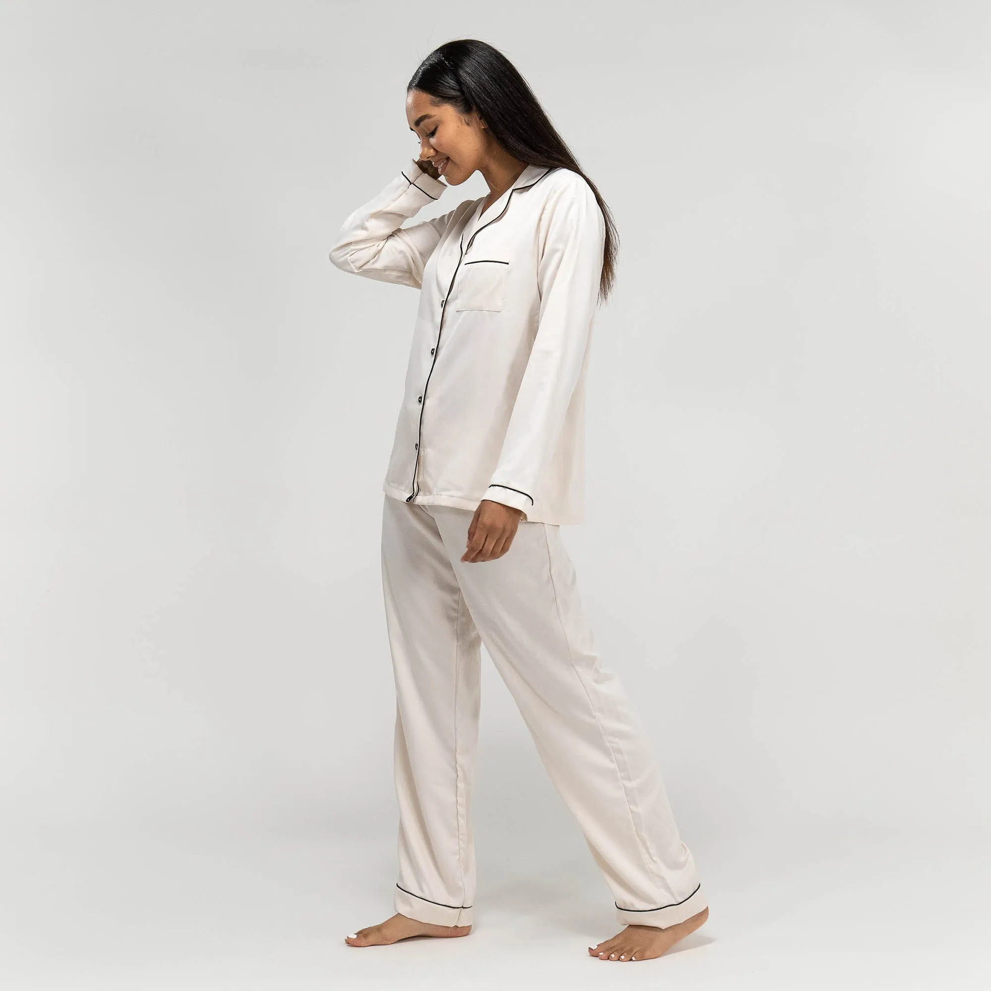 Women's Cream Satin Trouser Pyjamas