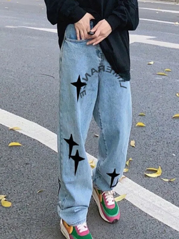 Y2K Vintage Black Star Print Hip Hop Fashion Loose Fit Baggy Denim Jeans For Mens